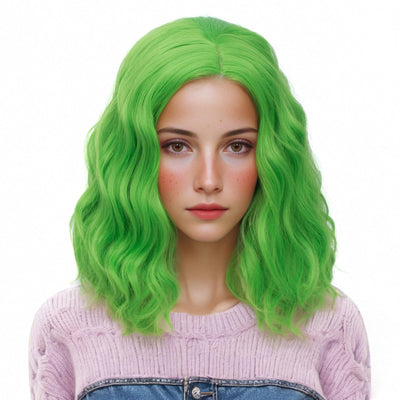 Aicos Green Curly Wig for Women 14inches Fashion Green Bob Costume Wigs for Daily Dress Carnival Party Masquerade Party Halloween+Wig Cap