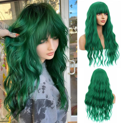 BERON Emerald Green Wig Long Curly Wig Green Wig with Bangs Long Wavy Wig Dark Green Wigs for Women Synthetic Wig for Daily Party